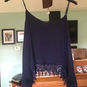 Blue Cropped Tank with Lace Trim